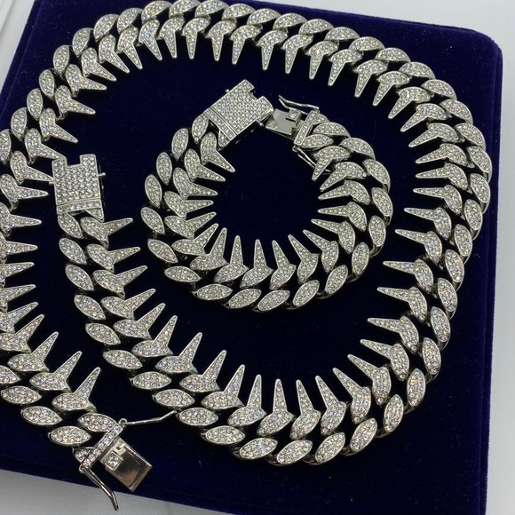 25mm Diamond Iced Out Two Row Spiked Chain Necklace - Bracelet Set - Picture 3 of 4